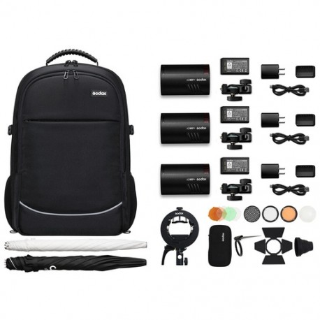 Kit de 3 Flash Godox AD100PRO + 1 Kit de Accesorios AK-R1 + 1 Soporte S2 + 1 Sombrilla Plata/Negra 84cm. + 1 Sombrilla Translúc