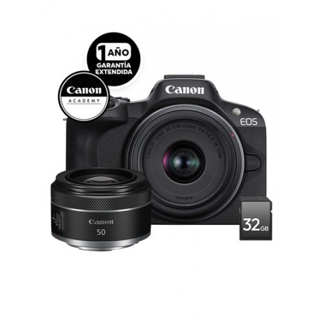 Kit Cámara Canon EOS R50 + RF-S 18-45mm + RF 50mm f/1.8 STM + SD 32GB + Curso ABC de Vlogger + 1 Año de Garantía Extendida